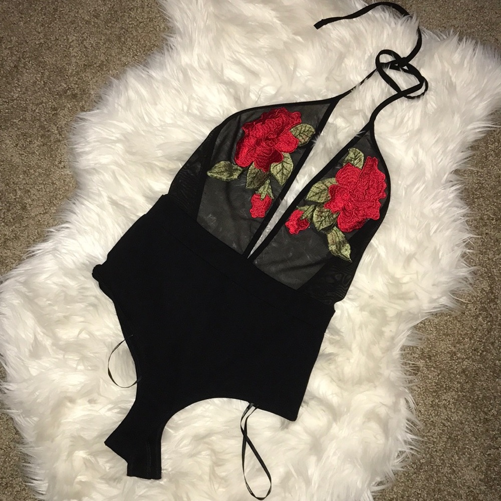 F21 mesh rose embroidered halter bodysuit! Size S